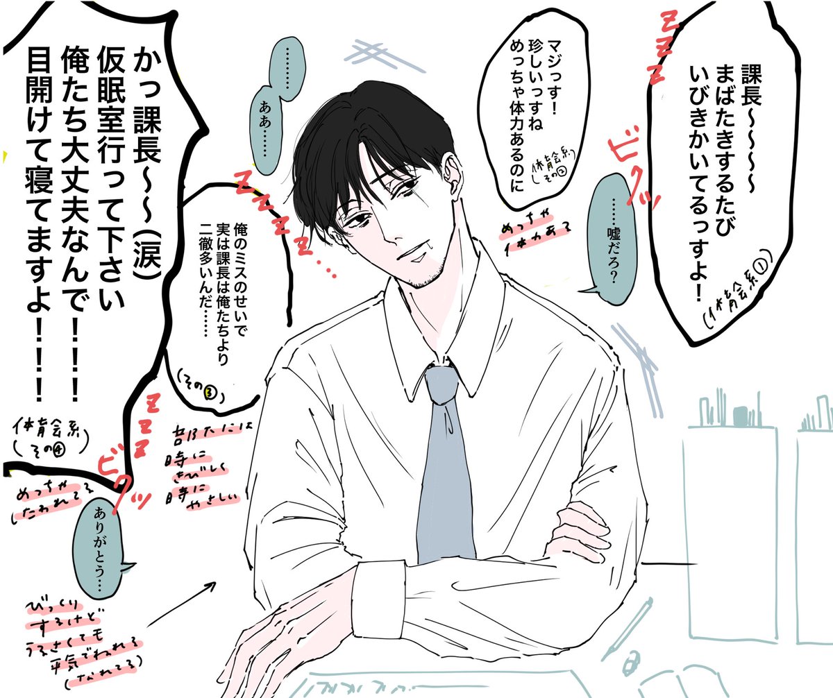 謎のテンションで描いた妄想
部下が全員体育会系で疲れてる時もめっちゃうるさいけど本人もずっと体育会系だから慣れてる…けど超お疲れで眠い…現パロ 