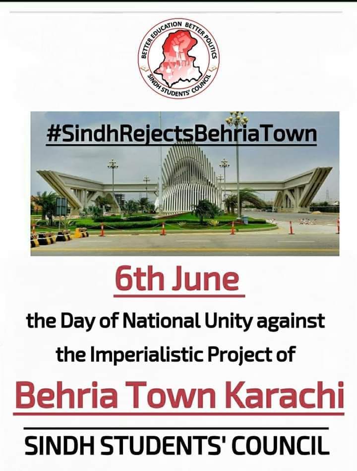 SyedaaUmlBaneen's tweet photo. 6th June, the day of National Unity.
Come to Karachi &amp; give the loud and clear message to the world that we Sindhis; the Natural owners of this Land REJECT this Colonial Settlements of state in the name of Behria Town Karachi.
#SindhRejectsBahriaTown 
#SayNotoBahriaTown https://t.co/YEtXQmVnrx