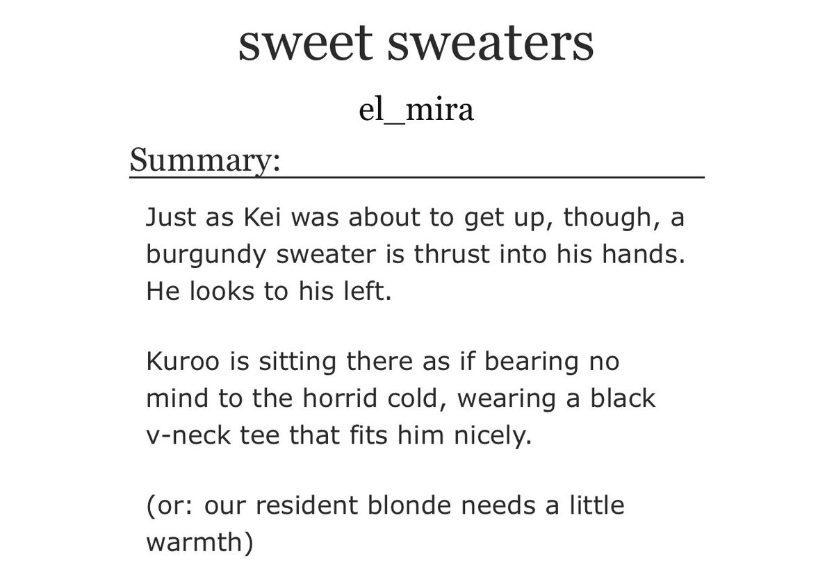 fireflyelle's tweet photo. sweet sweaters by el_mira
– 2k oneshot
– canon compliant
– light and fun
– third gym friendship
– side bokuaka
https://t.co/WmESj1d2yv
#krtsk #kurotsukki #kurotsuki #kurootsukki #kuroo #tsukki #thirdgym #fic #hq #hqtwt https://t.co/NBycgkQTcO