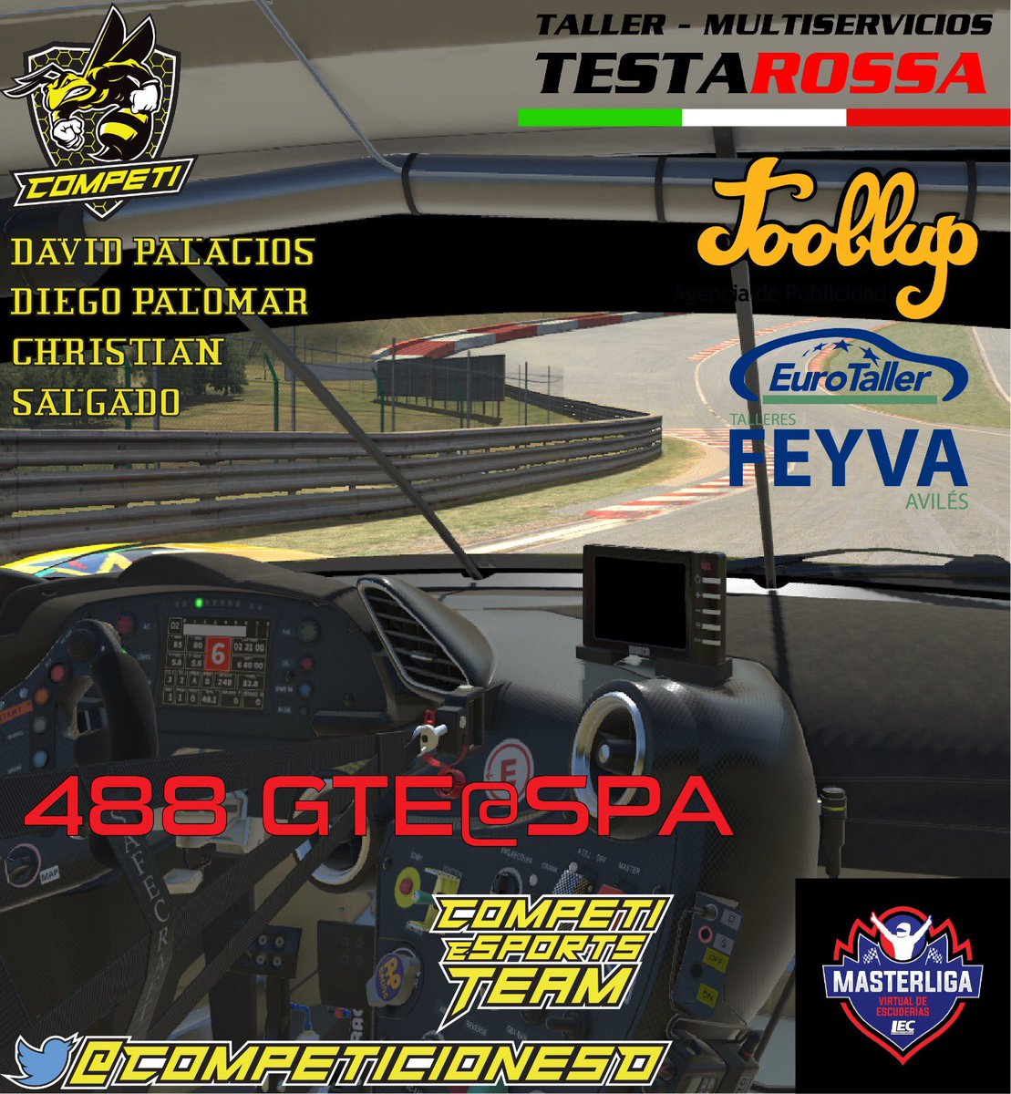 CompeticionesO's tweet photo. #Iracing
Nuestros abejorros tienen hoy las 6 horas de spa de la @MasterligaV de @lecesports con el Ferrari GTE.
Los encargados de ello serán, @POGEID @Davo_BTW y @ChristianCapi93
Sponsors
@Tooblup
@MultiTestaRossa
#Feyva https://t.co/UIThRPL7PN
