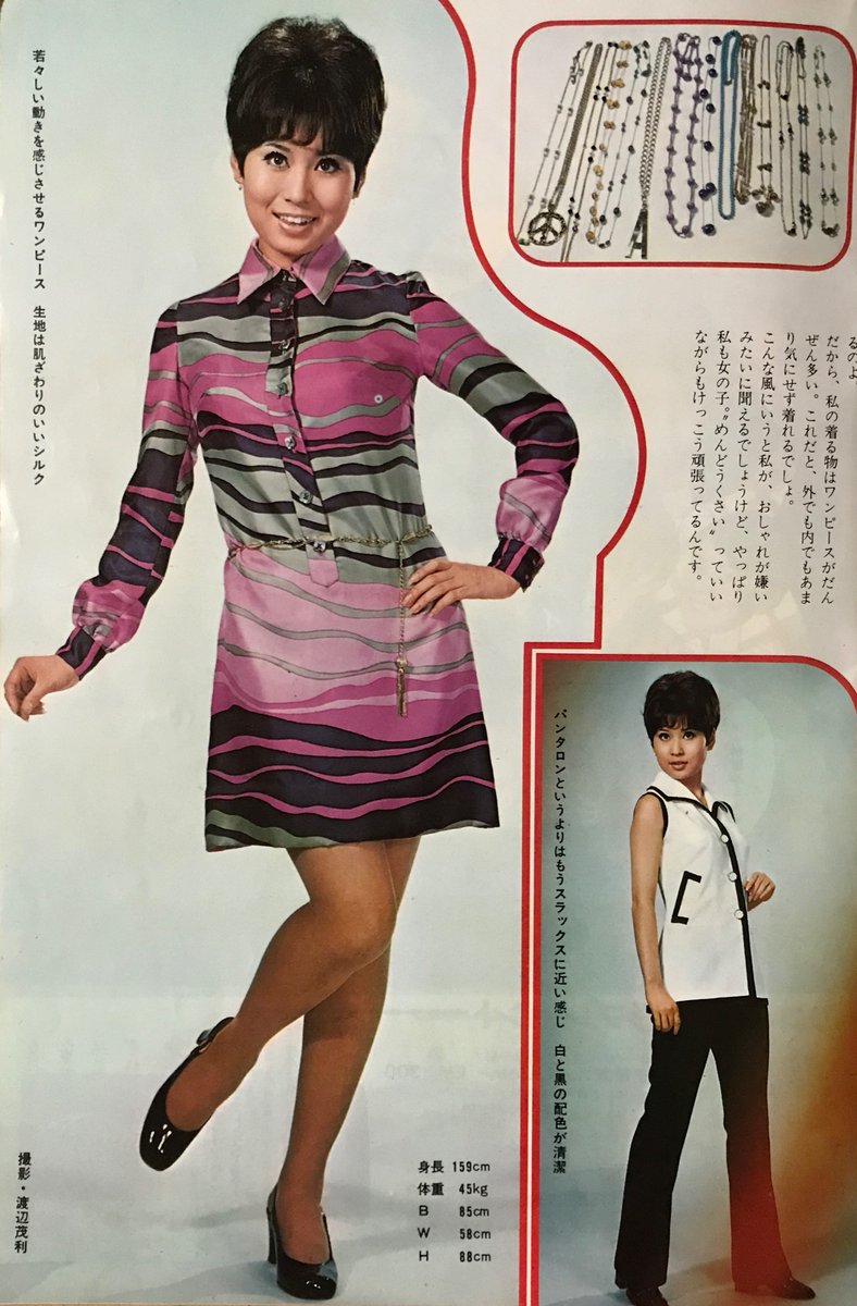 笑ってよいしょ チャームコーナー 黛ジュン ダンディコーナー 千葉真一 7 8年くらい続いた連載グラビア 毎号 時のスターがモデルになりお洒落について語ってくれる 週刊明星69 6 22