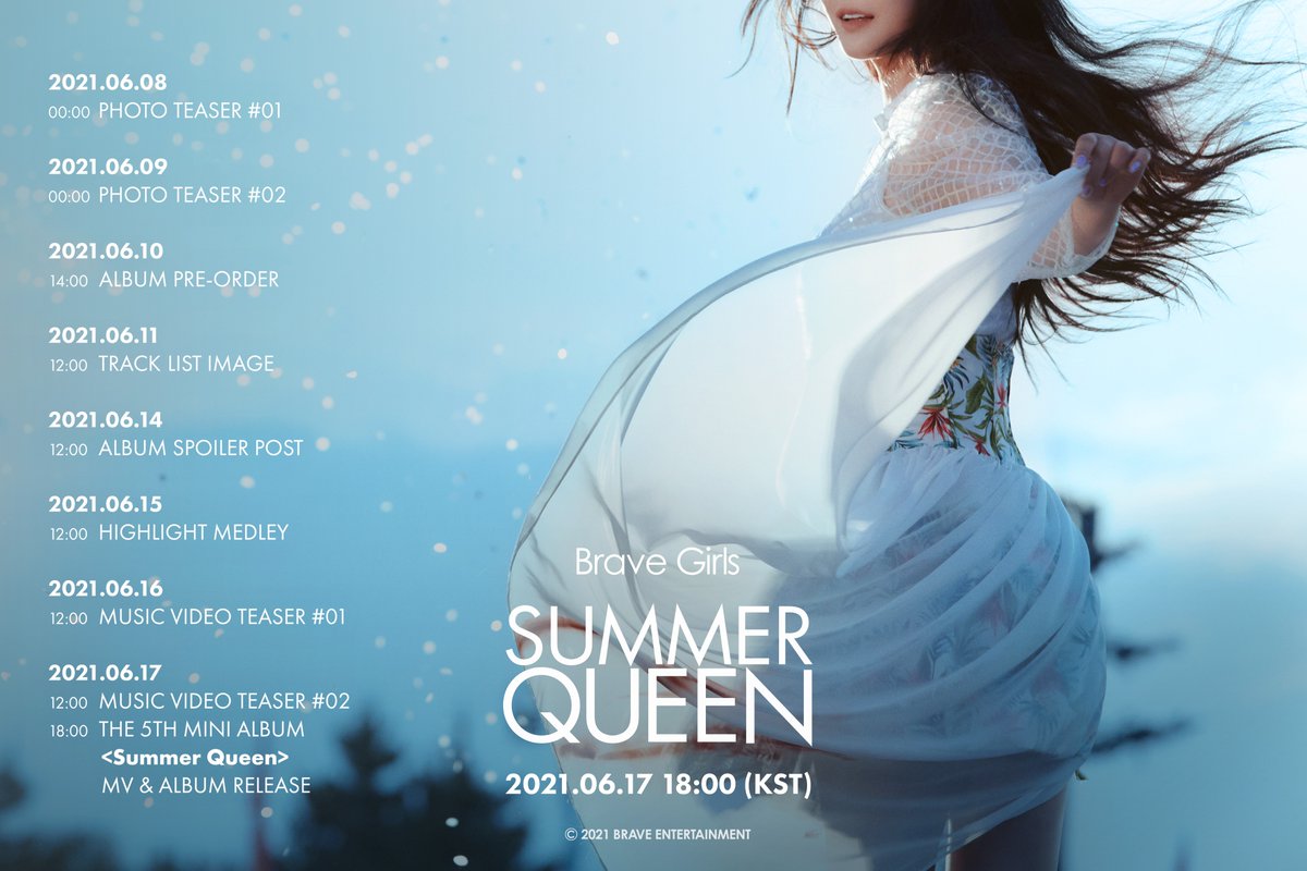 BraveGirls's tweet image. [#BraveGirls]

BRAVE GIRLS
THE 5TH MINI ALBUM 
[Summer Queen]

COMEBACK SCHEDULER

2021.06.17 18:00 (KST)

#브레이브걸스 #BraveGirls
#Summer_Queen
#20210617_6PM
#20210617_BraveGirls
#피어레스 #FEARLESS