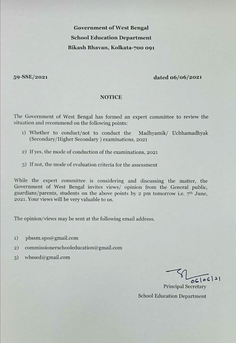 TheAnuragTyagi's tweet photo. share this news that the wb boards wants to know the statement of parents and students about class 12th and 10th examination . send their statements through this given email wbssed@gmail.com, commissionerschooleducation@gmail.com, pbssm.spo@gmail.com

Within 7th June. 2pm. https://t.co/C8Mg8OlPhs