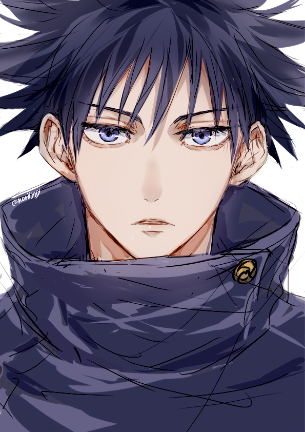 fushiguro megumi male focus solo 1boy black hair spiked hair looking at viewer high collar  illustration images