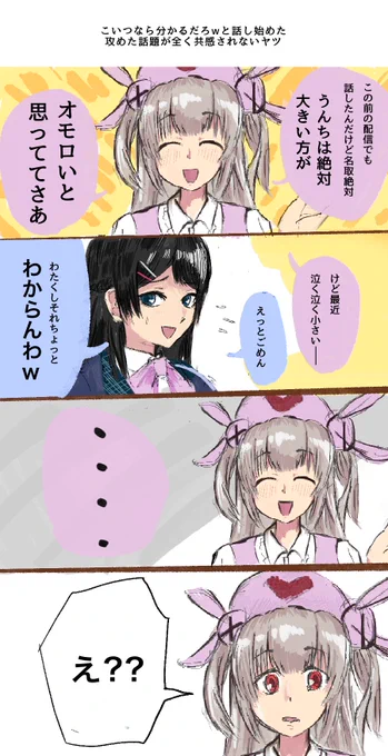 こいつなら分かるだろwと話し始めた攻めた話題が全く共感されないヤツ

#みとあーと    
#ヌォンタート 
#VWW 