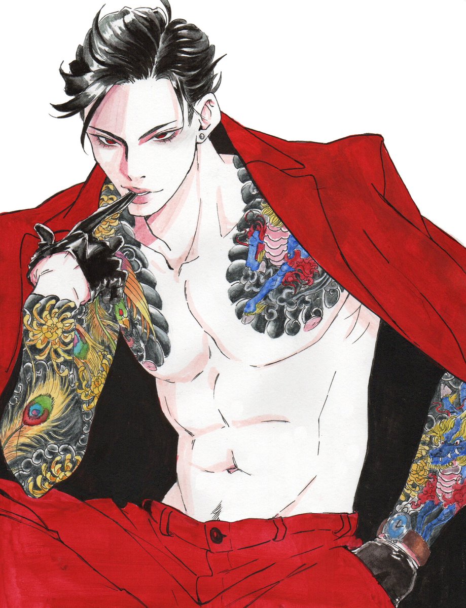 Yakuza Lucifer! Done with ink, gouache, and watercolour pencil. This was  originally going to be a one off birthday present for @vote4kiba_ttv (and  also lucifer) but I had so much fun designing, image size:919x1200