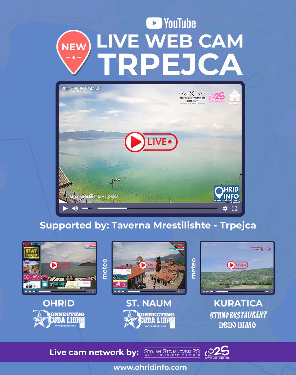 По најновите светски трендови за туристички дестинации и развој и промоција на туризам во соработка со Таверна Мрестилиште во Трпејца ја активиравме и четвртата веб камера во живо во Охридскиот регион т.е. трета камера во живо дирекно од Охридското Езеро.
youtube.com/watch?v=_mL7hC…