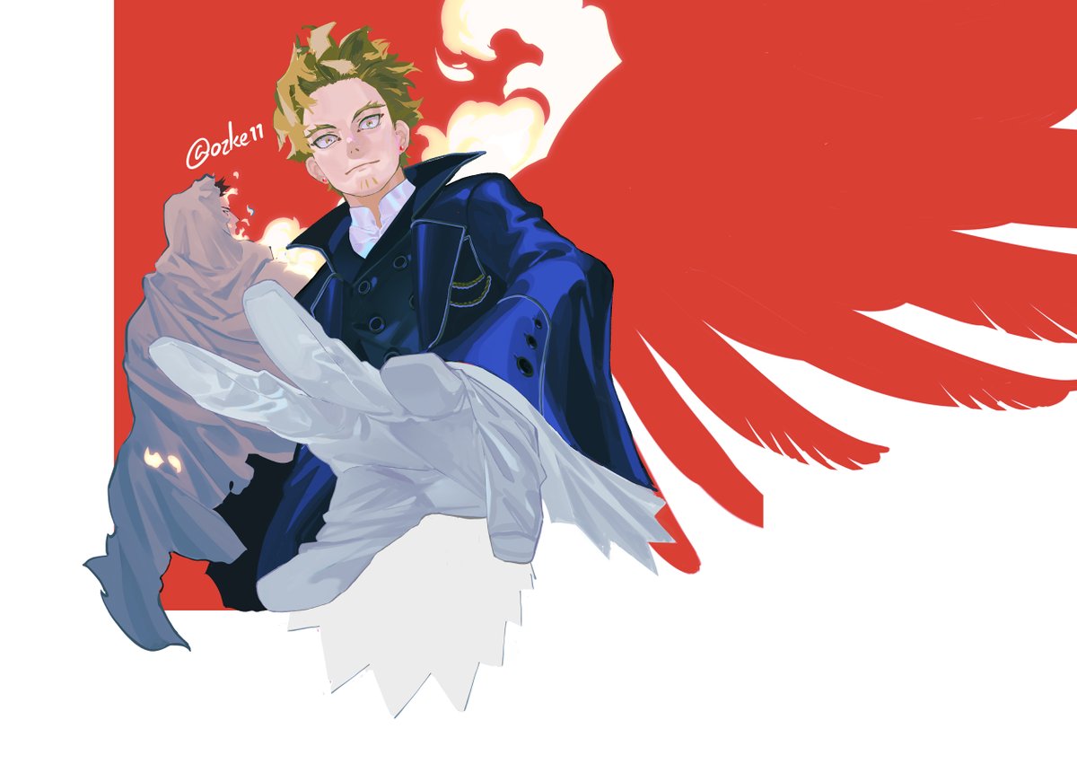 endeavor (boku no hero academia) ,hawks (boku no hero academia) blonde hair male focus short hair wings red wings gloves facial hair  illustration images