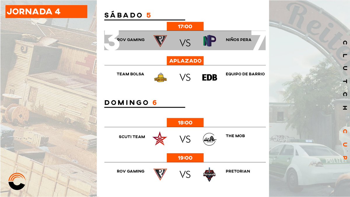 [COMUNICADO]

Modificaciónes en los partidos hoy, Domingo 6 de Junio.

El partido <a href="/ScutiTeam/">Scuti Team</a> vs @theMOB_r6 se jugará a las 18:00

El partido aplazado de <a href="/PretorianEsport/">Pretorian</a> vs <a href="/ROVGaming/">ROV Gaming</a>  se jugará a las 19:00

Esperamos veros a todos a las 18:00 en twitch.tv/clutch_cup