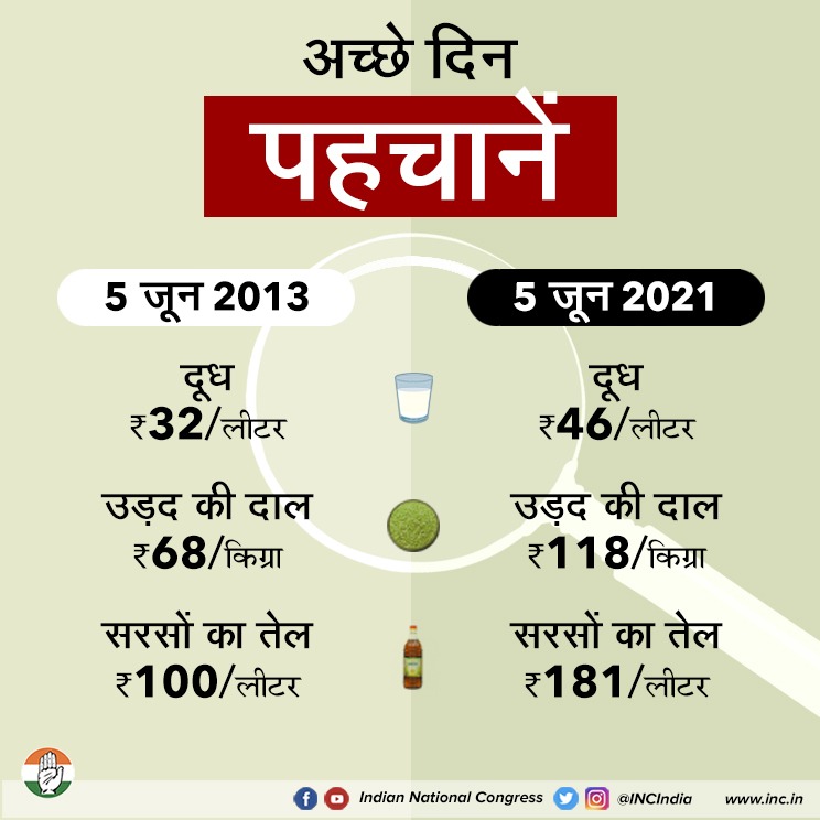 INCIndia's tweet photo. भाजपा के महंगे दिन आम नागरिक की कमर तोड़ रहे हैं, हर तरफ महंगाई की मार है।

भाजपा ने अच्छे दिनों के सपने दिखा कर महंगे दिन ला दिये हैं। https://t.co/sK1pur1XPu
