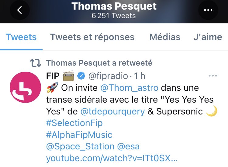 tdepourquery's tweet image. Thomas Pesquet qui écoute et partage ton morceau depuis l’espace 
⚡️☄️💫🌒🌈🚀🛸💘
Ça c’est fait 
Maintenant je peux aller jardiner oklm
*
Quel cadeau !!! 
Merci @Thom_astro  &amp;amp;  @fipradio
*
#ThomasdePourquery #Supersonic #YesYesYesYes 
youtu.be/ITt0SXn49QI
