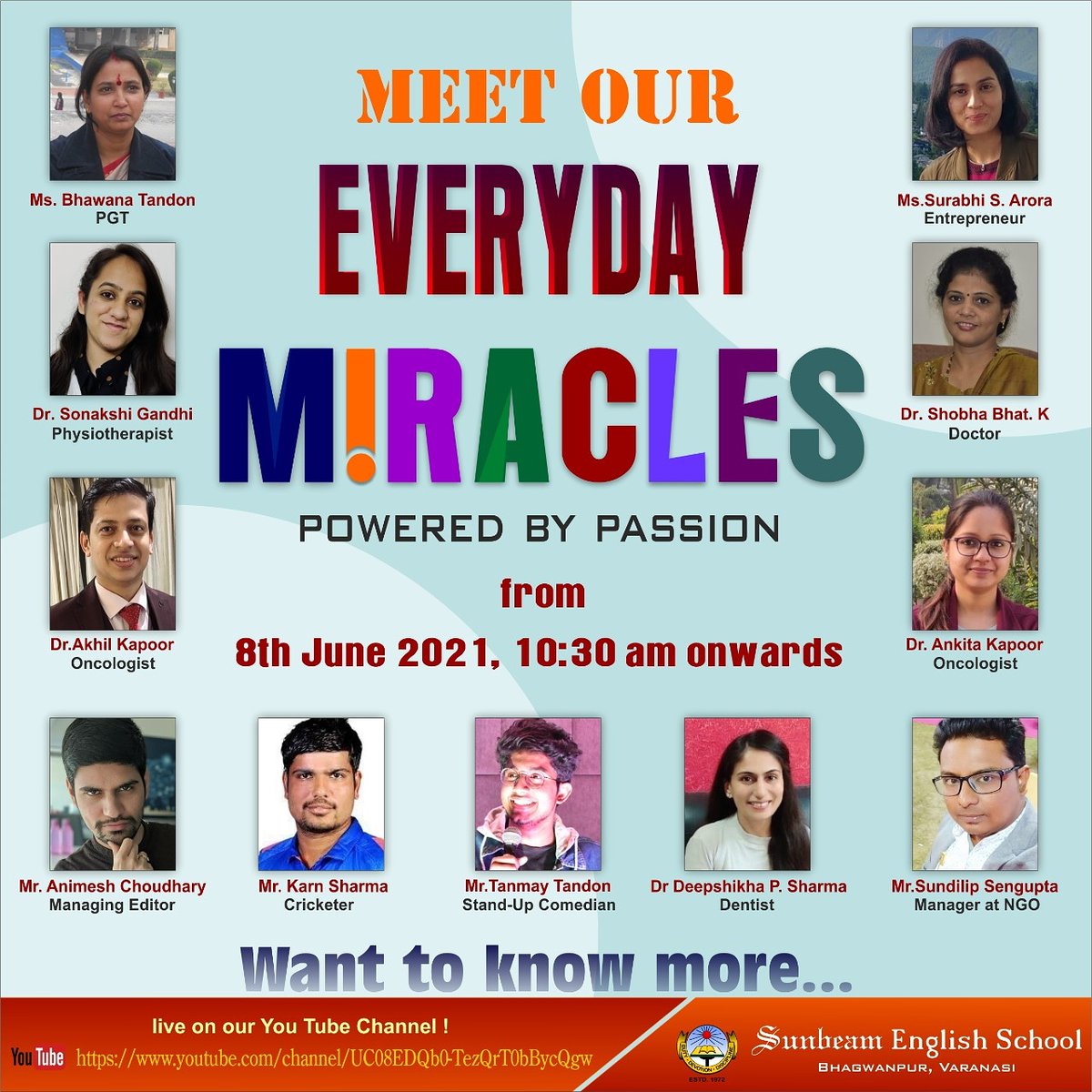SunbeamBhagwan1's tweet photo. Meet our Everyday Miracles ... They will be live on our You Tube Channel 8th June,10:30 am onwards !!!
https://t.co/EKrslgL9ep
Do not miss the opportunity to meet these Everyday people who put extra in the ordinary...Each Day! Everyday !
#EXTRAintheOrdinary https://t.co/WfT8g7LCm2