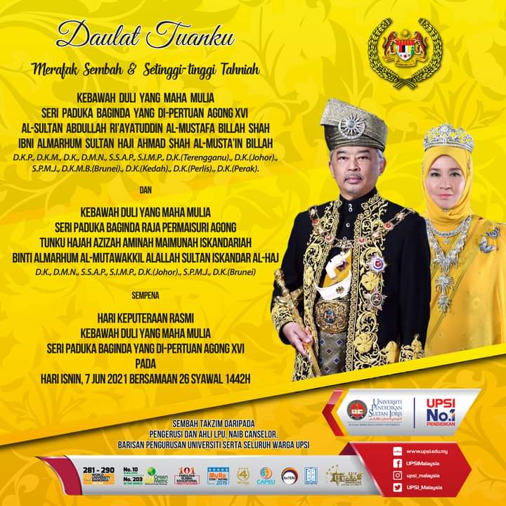 UPSI_Malaysia's tweet photo. DAULAT TUANKU | HARI KEPUTERAAN RASMI KEBAWAH DULI YANG MAHA MULIA SERI PADUKA BAGINDA YANG DI-PERTUAN AGONG XVI
#cemerlangbersama #upsibest #UPSIMalaysia
#upsino1pendidikan #upsino1education
#Malaysiamembaca
---
UNIVERSITI PENDIDIKAN SULTAN IDRIS
UNIVERSITI NO.1 PENDIDIKAN https://t.co/A6X6nP3gJ4