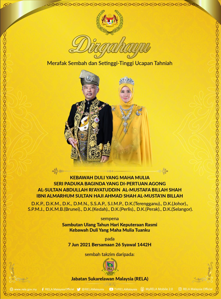 DAULAT TUANKU! 
Merafak Sembah Setinggi - tinggi Ucapan Tahniah Sempena Hari Keputeraan Rasmi Kebawah Duli Yang Maha Mulia Seri Paduka Baginda Yang di-Pertuan Agong XVI.

Daripada seluruh warga Jabatan Sukarelawan Malaysia (RELA)