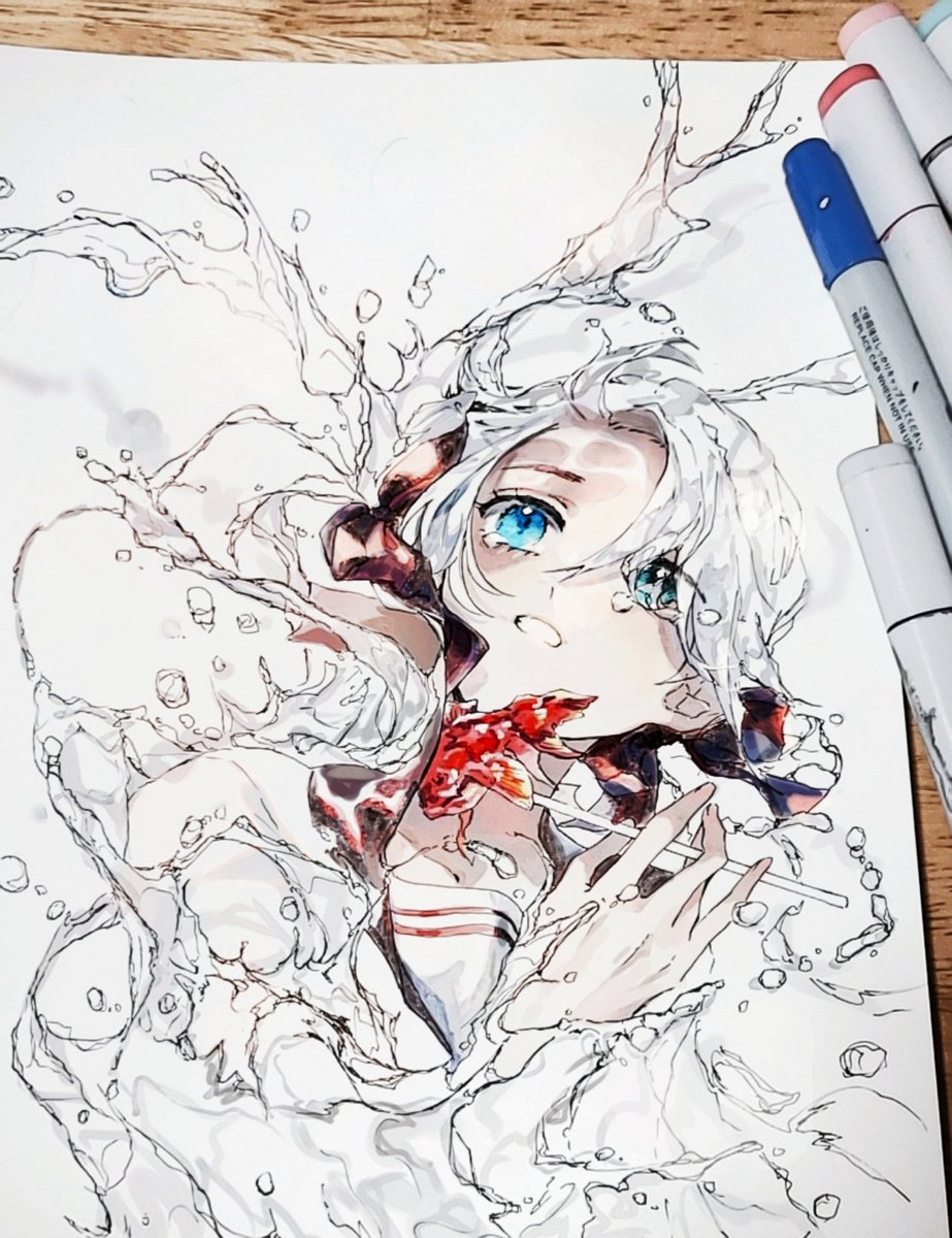 1girl liquid hair solo fish traditional media water blue eyes  illustration images