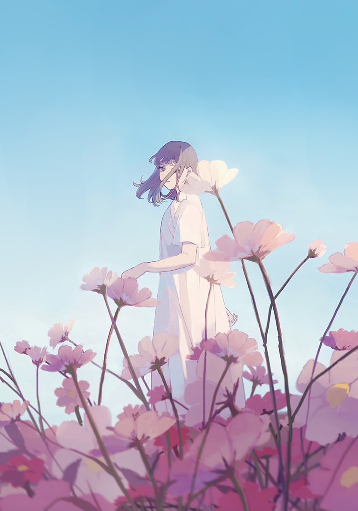1girl flower solo dress white dress sky outdoors  illustration images