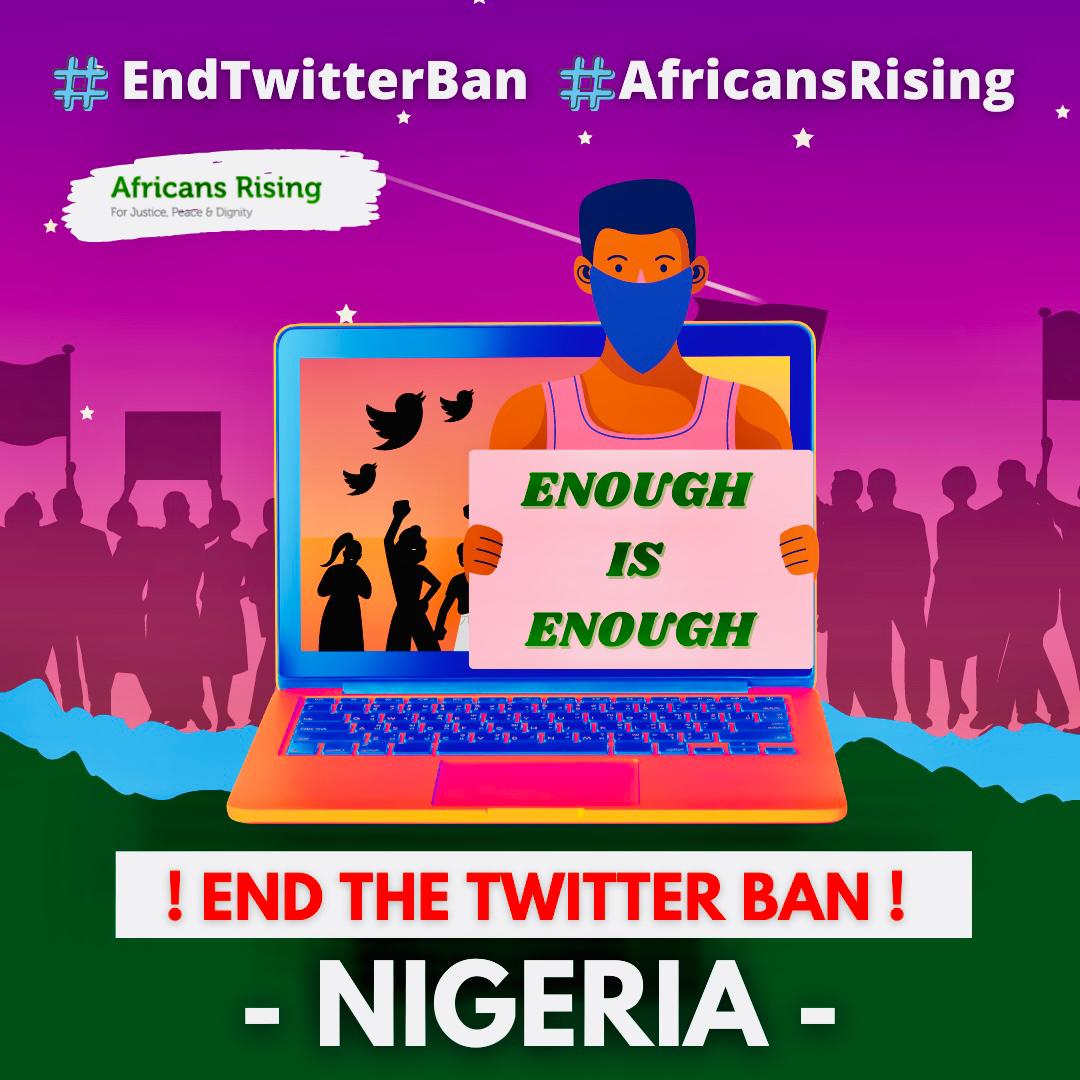 AfricansRising's tweet photo. We are calling on all #AfricansRising members to join us today in demanding the lifting of the indefinite #TwitterBan by @NigeriaGov! 

Freedom of speech and access to information is a fundamental #HumanRight. 

#Rise4OurLives
#EndTwitterBanInNigeria https://t.co/SJajKnq1Oj