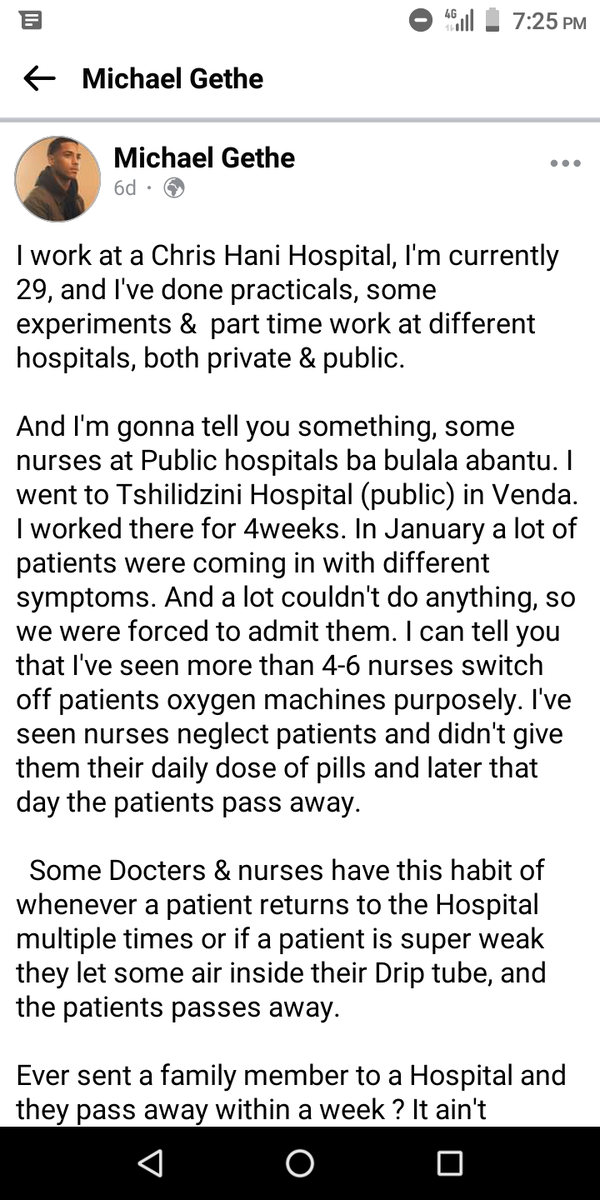 MxohMchunu's tweet photo. @Life_After_18 There is the story of the Nurses at public hospitals who kill patients https://t.co/eyz6umCtrV