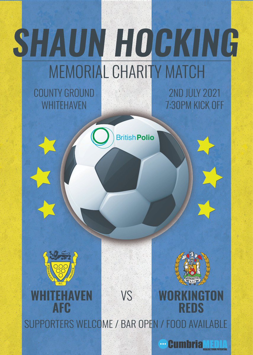 Our annual Shaun Hocking Memorial Charity Match Vs. <a href="/WorkingtonAFC/">Workington AFC</a> will take place on Friday 2nd July 2021.

The bar will be open, food is being served and spectators are welcome. 

Match sponsored by <a href="/CumbriaMedia/">Cumbria Media</a> 

We look forward to seeing lots of people down.
