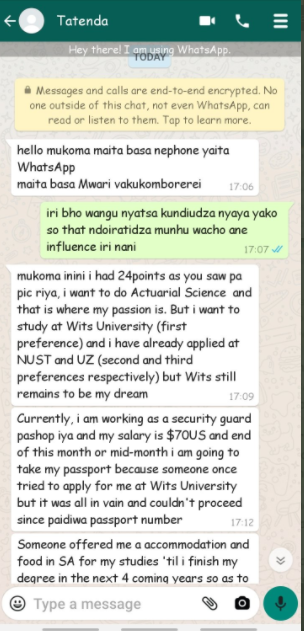 Goodmorning Zimbabwe , I come to you with this bright child who got 24 A Level Points but currently working as a security guard to raise finances to go to Wits University , Zim please do your thing we seek for a scholarship🙏, His number is 0772936131
