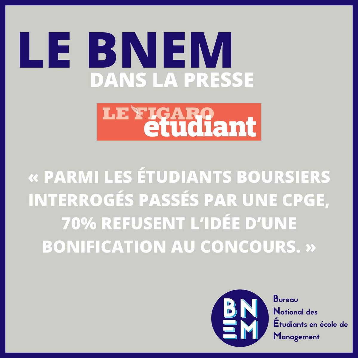 Le_BNEM's tweet photo. [📣#BNEM dans la presse] 

👉 @Figaro_Etudiant revient sur les mesures de #discrimination #positive aux concours 

🗣 Selon notre enquête, 70% des #étudiants boursiers passés par une CPGE refusent l’idée d’une #bonification au #concours 

📰 Article : https://t.co/uMzrZu02Ak https://t.co/aOTHVvBhOg