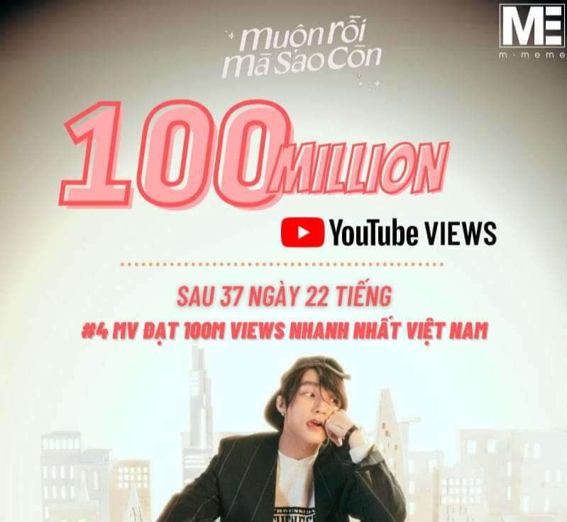 _quynhminn's tweet photo. Chúc mừng "Muộn rồi mà sao còn" đạt 100 triệu lượt xem trên YouTube sau 37 ngày 22 tiếng phát hành, trở thành MV #4 đạt 100 triệu views nhanh nhất Việt Nam 🎉💃
CHÚC MỪNG MUỘN RỒI MÀ SAO CÒN 
@sontungmtp777
#SonTungMTP 
#MRMSC_100Mviews https://t.co/cO9Rukr6Ws
