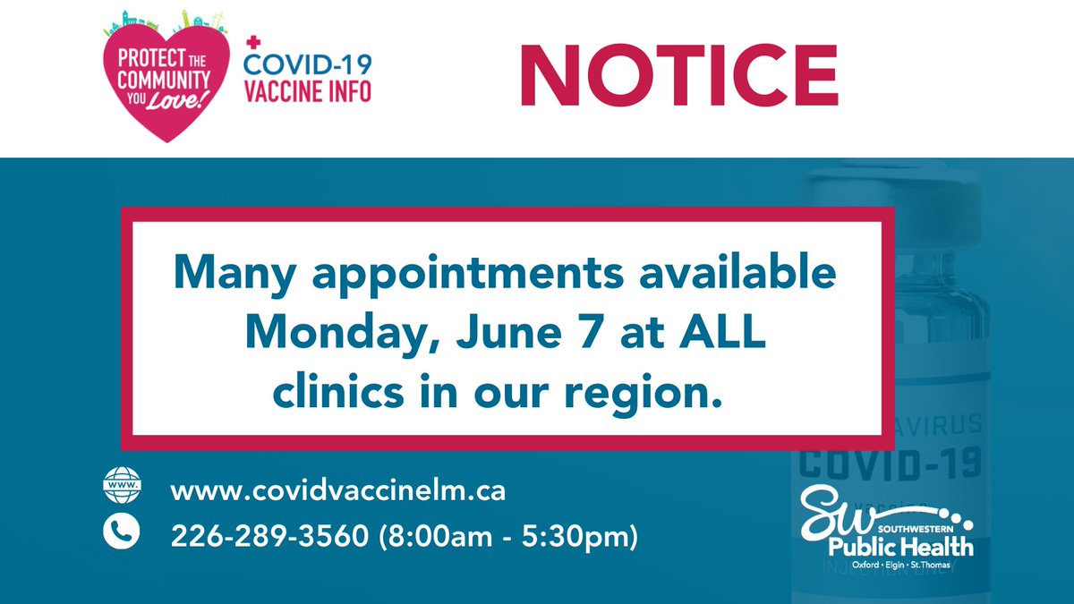 IMPORTANT NOTICE❗️ Many appointments are still available for Monday, June 7 at all three immunization clinics: Woodstock, Tillsonburg and St. Thomas. All three are offering Pfizer for ages 12+  Book online at covidvaccineLM.ca or call 226-289-3560