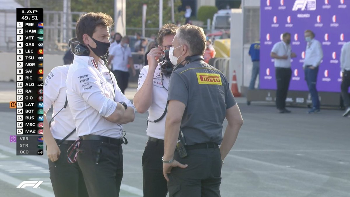 Luke Smith's tweet - "Toto Wolff talking to Pirelli F1 tyre chief Mario Isola in the pit lane under the red flag #F1 #AzerbaijanGP " - Trendsmap