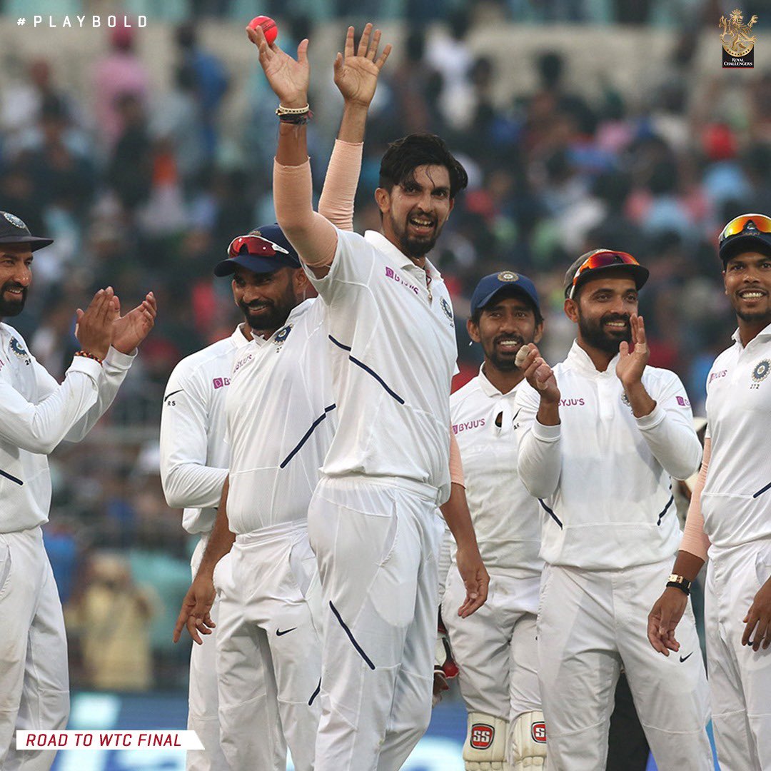 RCBTweets's tweet photo. #RoadToWTCFinal
Thanks to Captain Kohli’s brilliant 1️⃣3️⃣6️⃣ and some exceptional bowling from our fast bowlers, India managed to beat Bangladesh & seal the series in Kolkata.
🇮🇳 v 🇧🇩, 2019, 2nd Test
IND won by an innings & 46 runs.
#PlayBold #TeamIndia https://t.co/sBi5qpAaRx