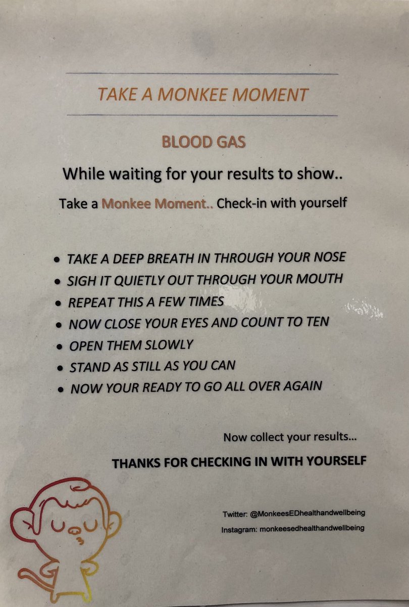 MonkeesEdhealth's tweet image. Take a Monkee Moment while waiting for your blood gas results.. JUST BREATHE 🧘‍♀️ #mindful #selfcare #monkeesED @MonkeesED @MonkeesED_ACP @UHMonklands @StaffCareNHSL
