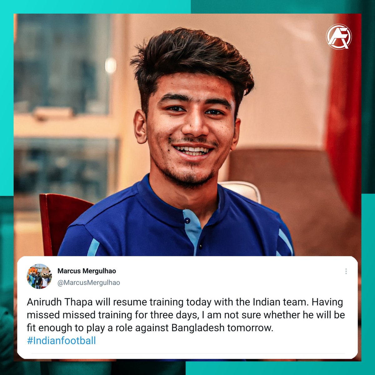 AllIndiaFtbl's tweet photo. Anirudh Thapa has started his recovery after Player was tested for Covid 19
Via (ЁЯЯб Marcus)
#IndianFootball #AnirudhThapa #BANIND #BleedBlue #BlueTigers #blue_tiger #allindiafootball https://t.co/5B01s0oqp7
