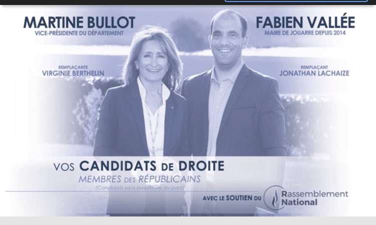 Donc en Seine et Marne des candidat-e-s de droite LR affichent sur leurs documents de campagne « avec le soutien du Front National ».  Au moins c’est clair. LR / RN même idéologie.