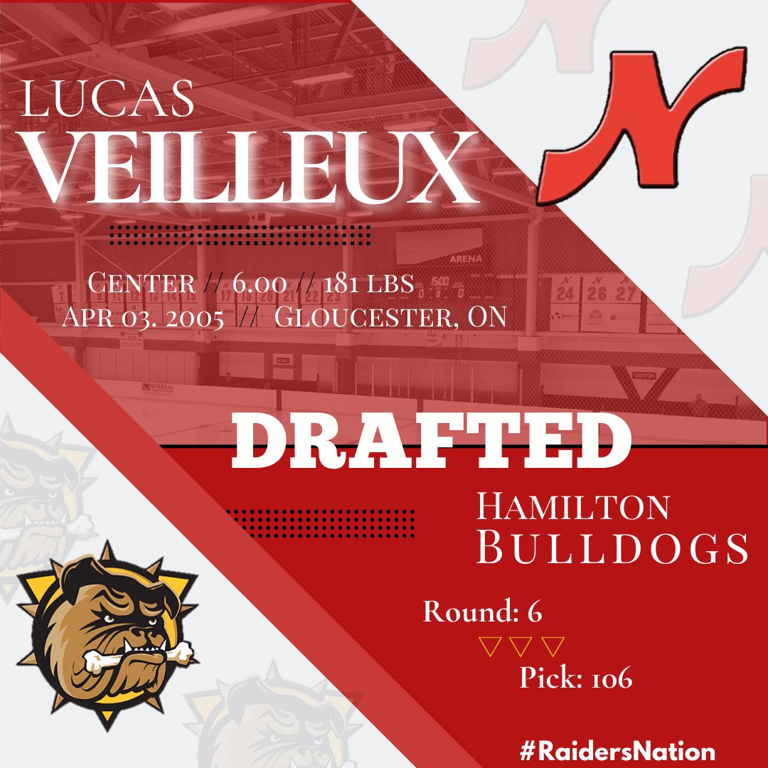 With their 6th round pick in this weekends #OHL Priority Selection the #Raiders are happy to announce the selection of center, Lucas Veilleux, by the <a href="/BulldogsOHL/">Brantford Bulldogs</a>. Congratulations Lucas

#RaidersNation #OHLDraft #Hamilton #DawgMentality #HEO #U18 #CCHL #SupportLocalHockey #Nepean