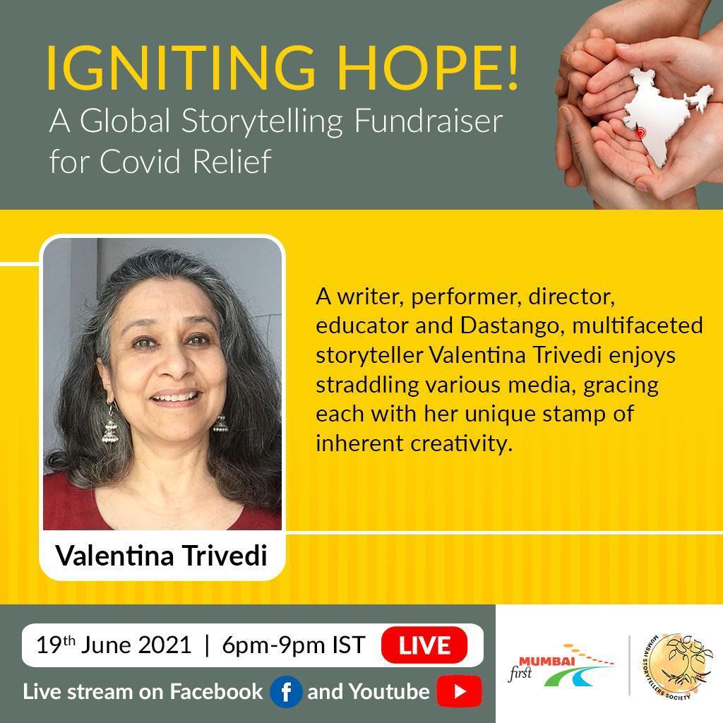 Valentina Trivedi, our next teller is a multi-faceted storyteller who wears multiple hats with great èlan. She would be gracing the event by sharing a story with her unique stamp of inherent creativity.

#storytelling #storytellingforacause #covidrelief #hope #joy #courage