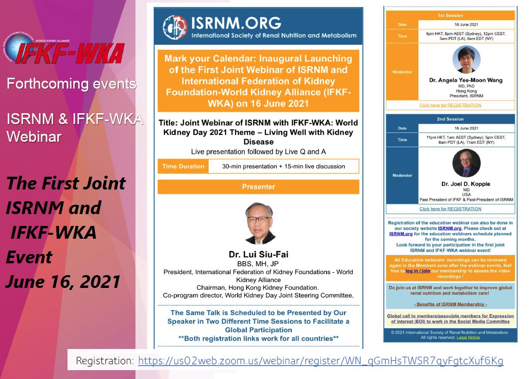 Joint the First Joint Webinar of <a href="/ISRNM_Social/">Int'l Society of Renal Nutrition and Metabolism</a>  and <a href="/IFKF_WKA/">IFKF-WKA Live Long and Well with Kidney Disease</a>: World Kidney Day 2021 Theme – Living Well with Kidney Disease 
Inaugurating the World Kidney Recipes project #WKR
#WorldKidneyRecipes 
Eat Smart - Eat Well - Long Live Kidneys and Patients
us02web.zoom.us/webinar/regist…