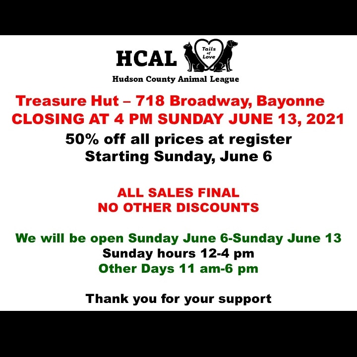 HCALnj's tweet photo. Our pop-up flea market is wrapping up for the season. The blow out sale starts today, Sunday, June 6th, through Sunday, June 13th, with a 50% discount on all our inventory. Everything must go, and all proceeds go to our rescues! #BlowOutSale #Fundraiser #AdoptDontShop https://t.co/BE63jPsN2K