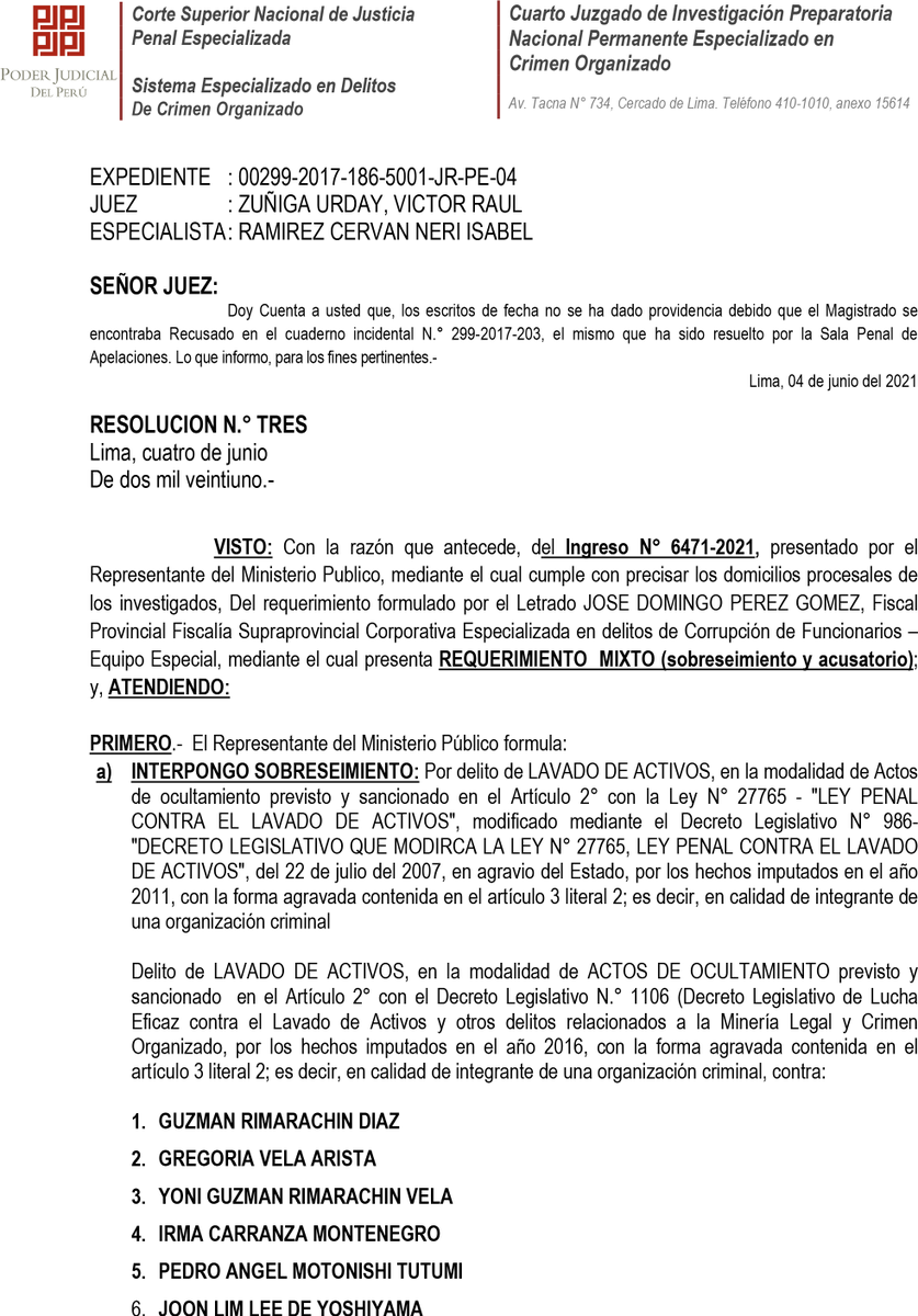 whuacasi's tweet photo. #ÚLTIMO | Resolución del viernes 4 de junio del juez Víctor Zúñiga, quien inicia formalmente el control de acusación por los delitos de lavado de activos y organización criminal contra Keiko Fujimori y otras 41 personas. https://t.co/ySHwHwn2SK