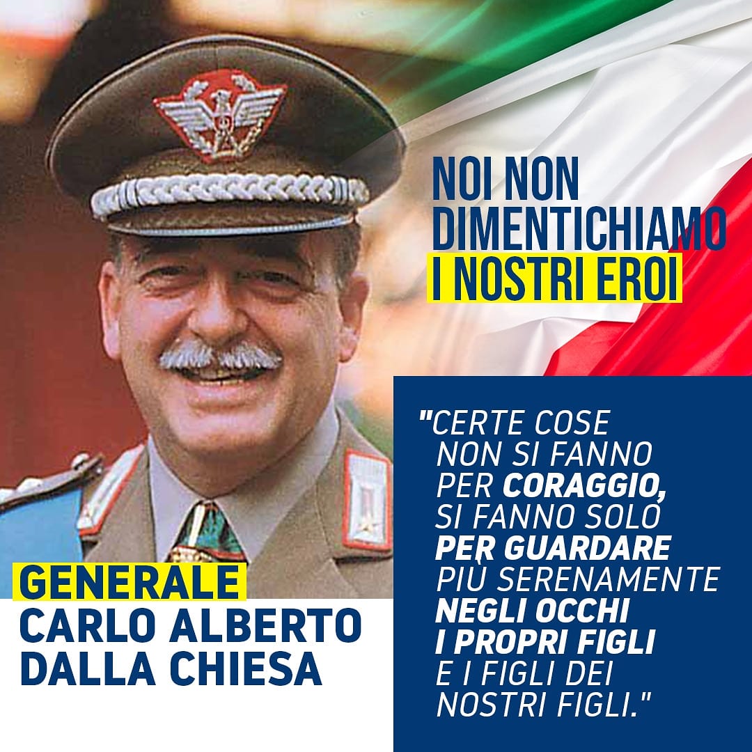 GiorgiaMeloni's tweet photo. Il ricordo di grandi uomini di Stato come il Generale dalla Chiesa, caduti nella lotta alla criminalità organizzata, non svanirà mai. 
Noi continueremo a onorarli e a ricordarli, sempre. https://t.co/e2d51bxtCK