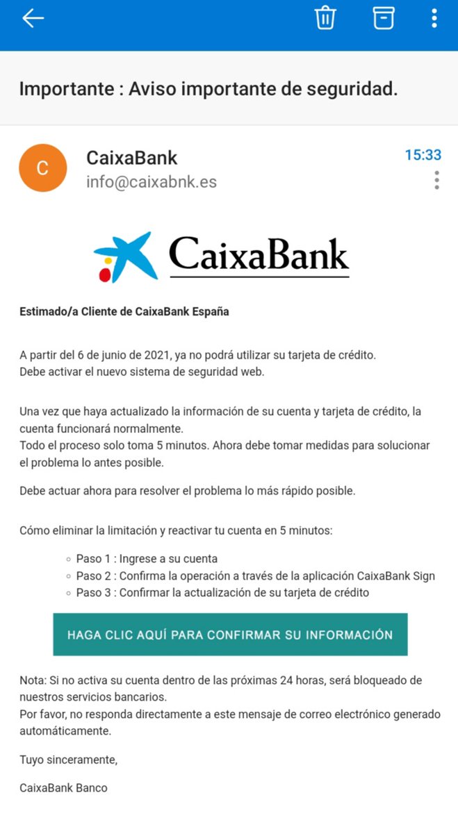 SusanneHolmberg's tweet photo. @caixabank me acaba de llegar este scam por email. Alomejor deberían avisar a la gente https://t.co/VIXevE9DkZ