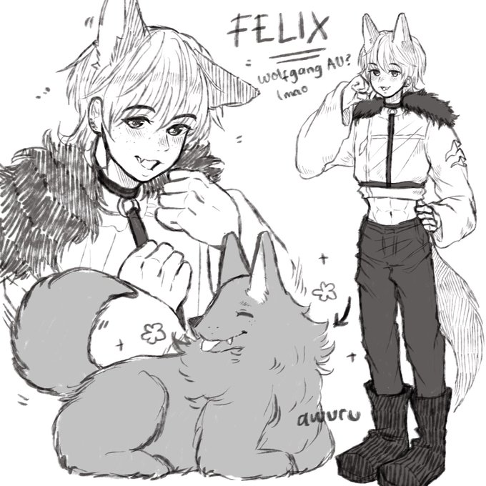 Anyway i finished my forgotten physics assignment and drew this in a hurry lol

Yeah they can shape shift into their wolf-self, so imagine felix as a wolf with the fluffiness of a samoyed and the manners of a cat (bcus he was raised by bengals ig) 

#Straykidsfanart 