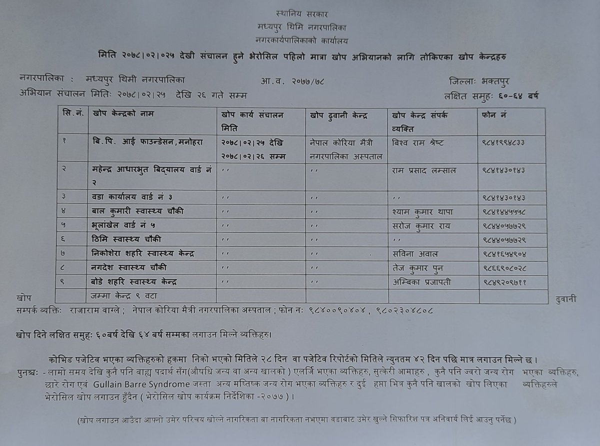sworupsth's tweet photo. Do we have KMC area-wise notices? Many are asking about KMC's vaccination whereabouts. Notice something similar like this Madhyapur Thimi Municipality? #informationaccessibility https://t.co/0IkBUcgWQm