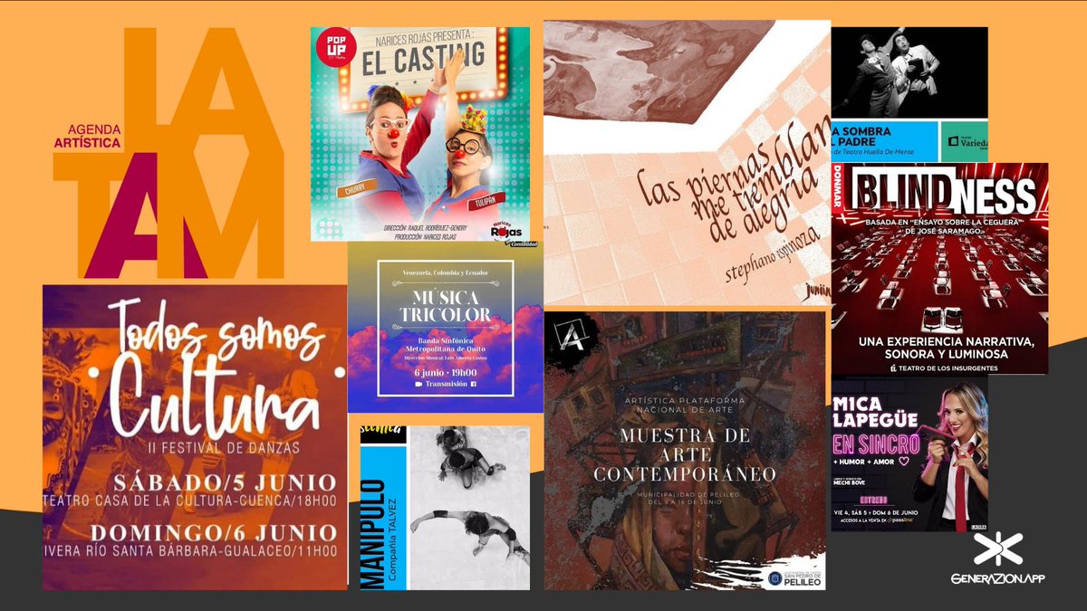 Compartimos la 𝘼𝙜𝙚𝙣𝙙𝙖 𝘼𝙧𝙩𝙞́𝙨𝙩𝙞𝙘𝙖 𝙇𝘼𝙏𝘼𝙈  con los eventos destacados del 6 al 10 de Junio.

@CasadelaCultura 
@AlitaGonzaga 
@TeatroSucreQ 
@OrdContr 
@Carolinasemueve 
@laagendagei 
@blindnessmexico 
@MechiBove 

#Generazion #teatro #musica #arte