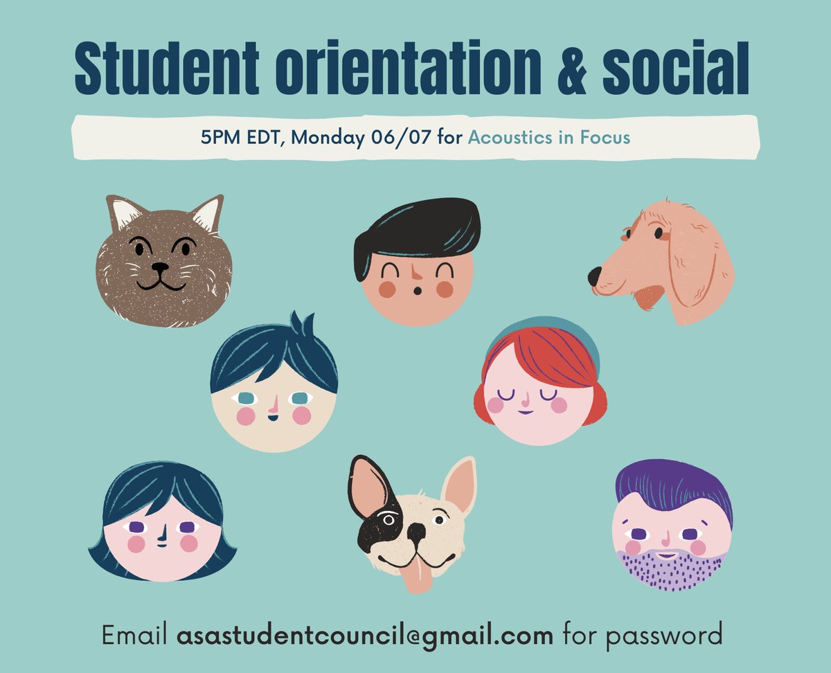 Orientation and social events TOMORROW, Mon June 7th at 5PM Eastern. Open to all ASA students!

⚓Student orientation
🐱Introduce pets (sign up: ow.ly/qsF150F41P8)
📕 60s poster jam 
💬 Speed networking
🥤 Breakout social

Zoom: ow.ly/G8ws50F41Q0
See pic for password