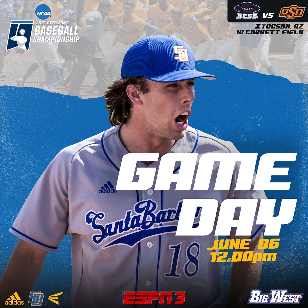 UCSB_Baseball's tweet photo. Cho’s coming back today with Game 3 in the Tucson regional against Oklahoma State University at 12:00 PM @ Hi Corbett Field. The winner of this game will play tonight in the regional final!

Live action on ESPN3

#gochos #chOmaha https://t.co/9aRGX68Z2P