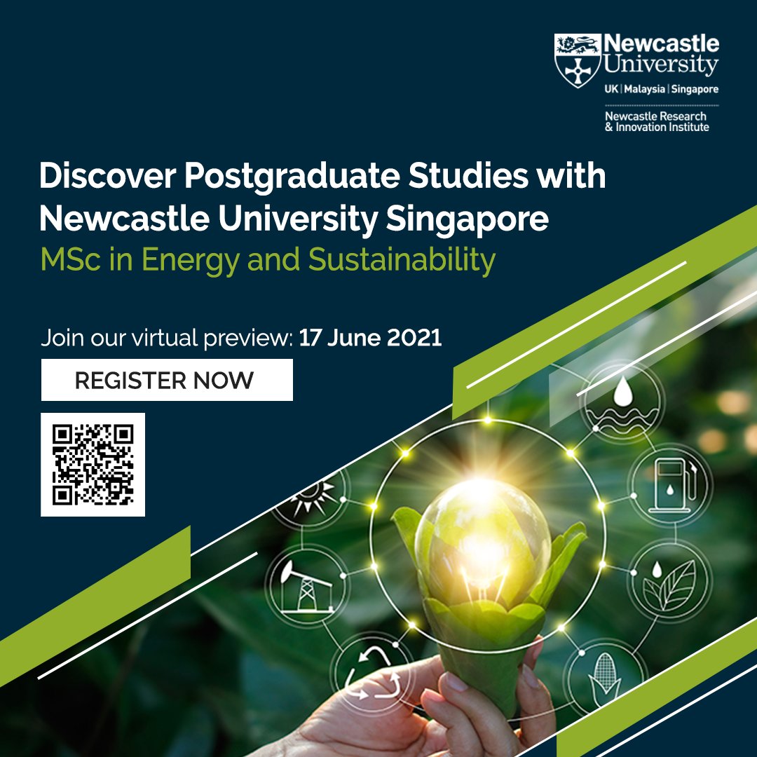 NewRIIS (@nclinsg) on Twitter photo Join us in our Virtual Postgraduate Programme Preview on 17 June 2021 (6.30pm-8.00pm Singapore time) to find out more about MSc in Energy & Sustainability programme awarded by Newcastle University and offered in Singapore. Register now: bit.ly/newriispreview… Join us in our Virtual Postgraduate Programme Preview on 17 June 2021 (6.30pm-8.00pm Singapore time) to find out more about MSc in Energy & Sustainability programme awarded by Newcastle University and offered in Singapore. Register now: bit.ly/newriispreview…