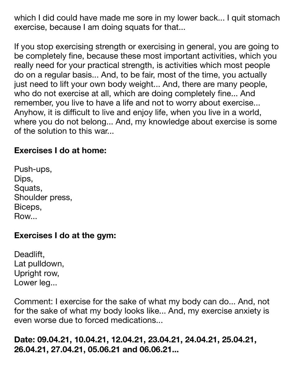 Title: How to reduce exercise anxiety with respect to strength exercise..?

[The whole text is found in the pictures]..

Date: 09.04.21, 10.04.21, 12.04.21, 23.04.21, 24.04.21, 25.04.21, 26.04.21, 27.04.21, 05.06.21 and 06.06.21..

#exerciseanxiety #gymanxiety #strengthexercise