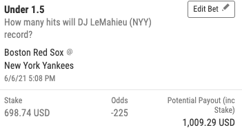 HedgePerfect's tweet image. 🚨🚨#hedgebull alert🚨🚨  This is why we play this game, for bets like this.  This is the big one folks, so definitely get on it in a hurry. #draftKings has a tremendous odds boost for #DJLeMahieu that is almost too good to be true.  Our biggest win yet! #hedgeperfect #MGM