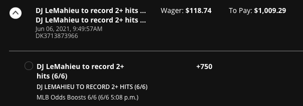 HedgePerfect's tweet image. 🚨🚨#hedgebull alert🚨🚨  This is why we play this game, for bets like this.  This is the big one folks, so definitely get on it in a hurry. #draftKings has a tremendous odds boost for #DJLeMahieu that is almost too good to be true.  Our biggest win yet! #hedgeperfect #MGM