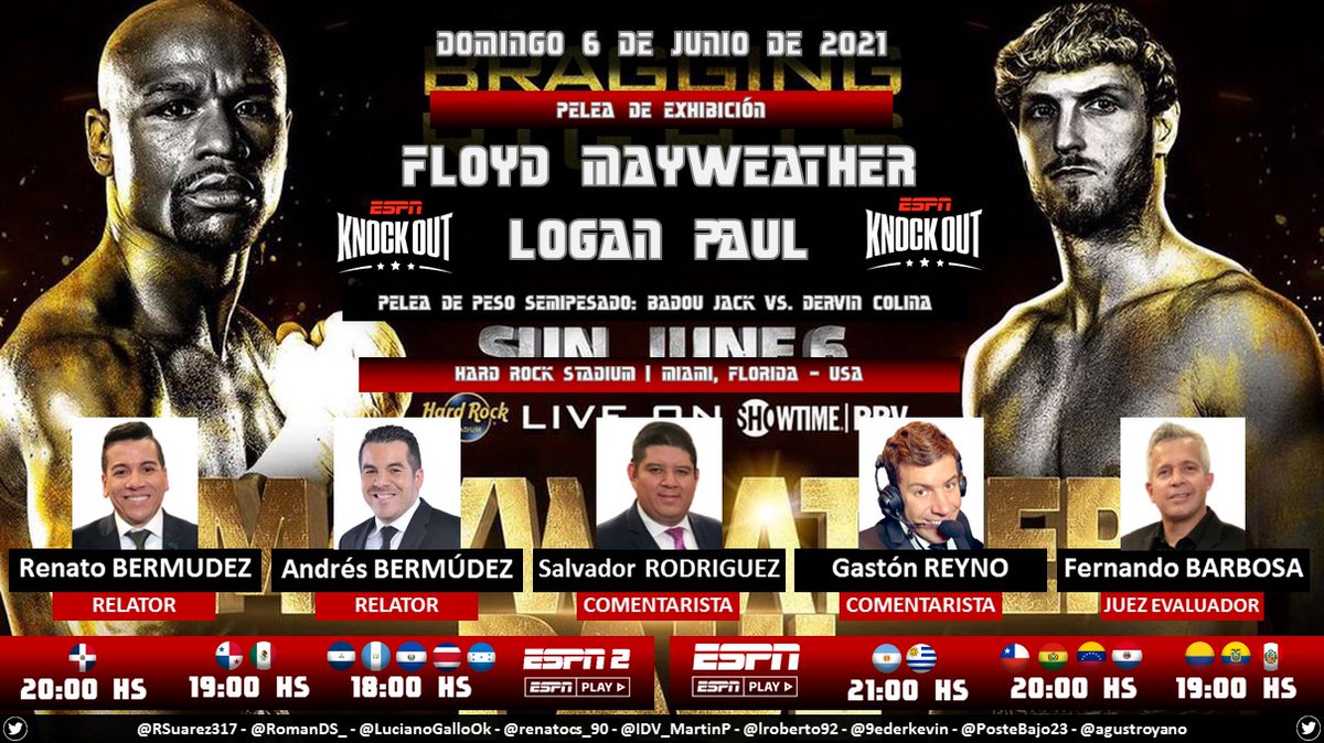 PuntajeIdealPE's tweet photo. 🥊 #BOX 🇺🇸 | #ESPNKnockOut 
🎙 Relator: @RenatoBermudez - @andres_bermudez
🎙 Comentaristas: @ChavaESPN - @gastonreyno
📝 Juez Evaluador: @BarbosaBox
📺 #ESPN Sur | #ESPN 2 Norte
💻📱 @ESPNPLAY
🤳 #BOXxESPN - #BraggingRights - #MayweatherPaul
Dale RT 🔃 https://t.co/G51uLMSndV