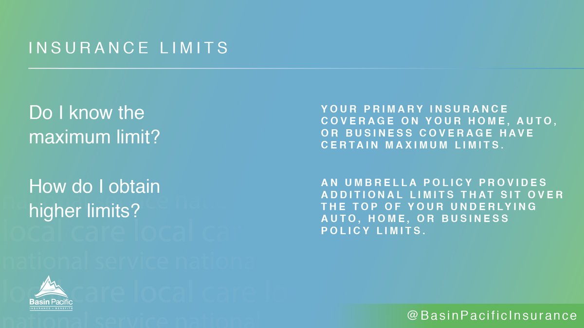 BasinPacificIns's tweet image. Umbrella insurance provides additional policy limits that sit on top of your auto, home or business policy limits. Also, it may provide additional coverage you wouldn’t have with other insurance.

For more info, visit basinpacific.com 
 
#BasinPacificInsurance #LocalCare